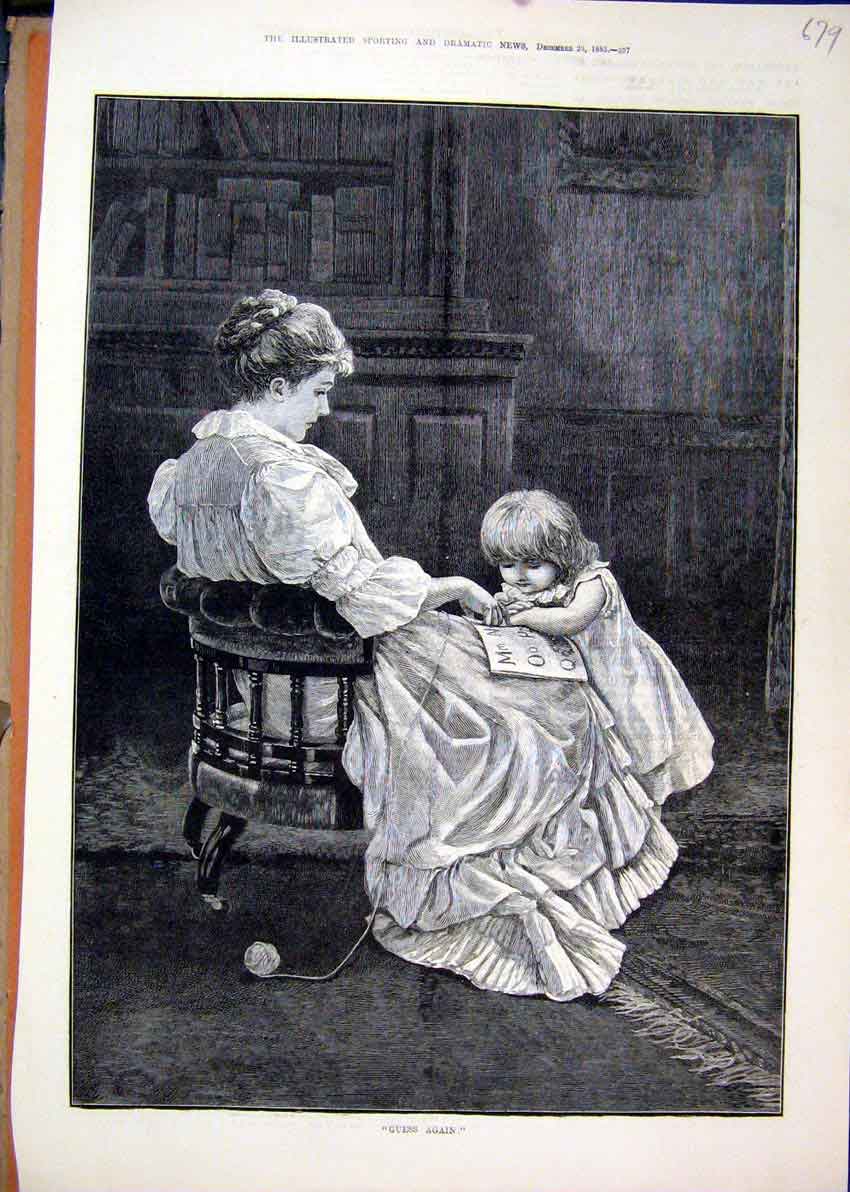 Original Old Antique Print 1883 Woman Siiting Chair Little Girl Book Art 19th