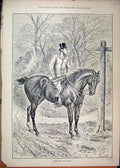 Original Old Antique Print 1887 Horse Rider Signpost Man Country Lane Victorian