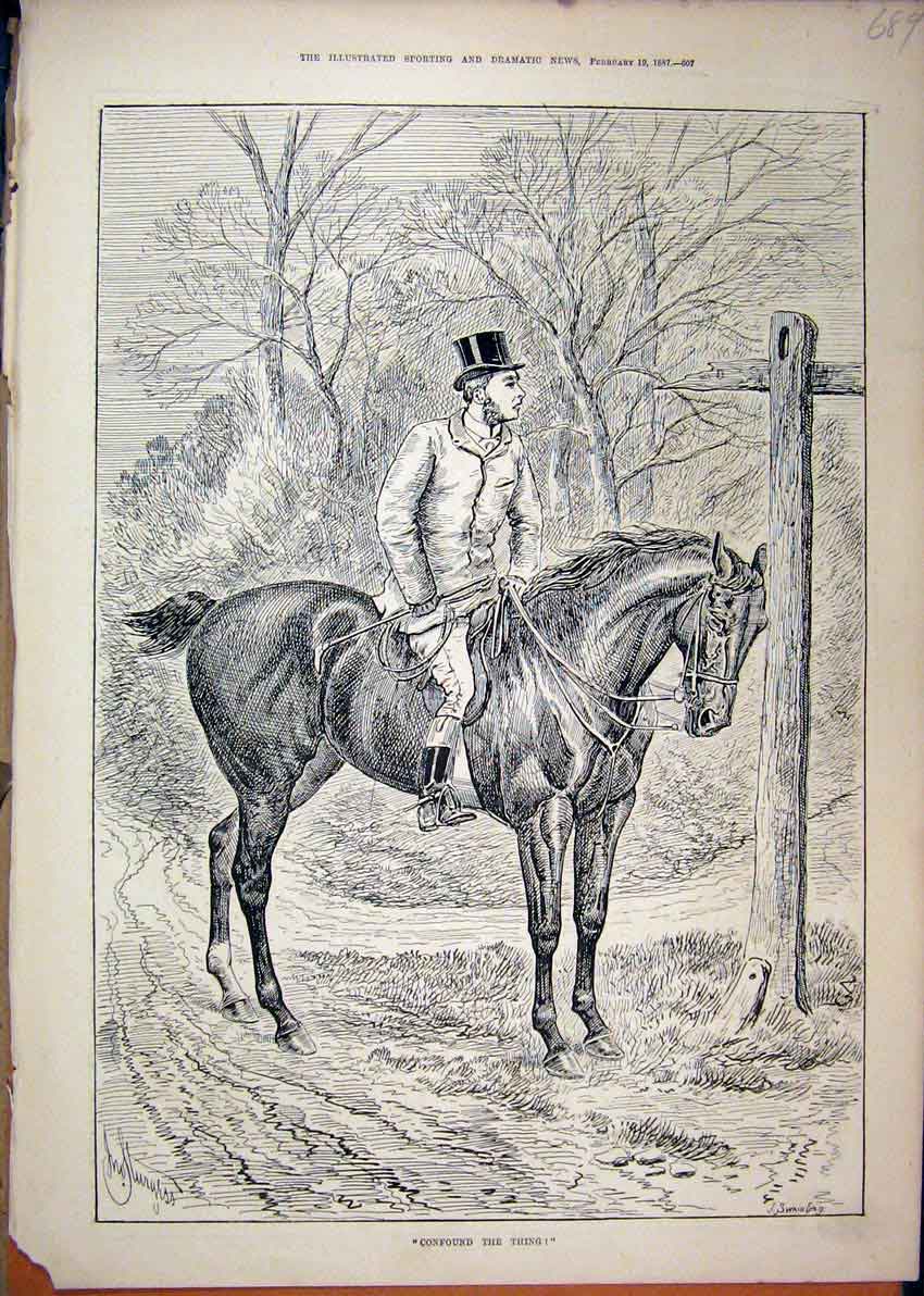 Original Old Antique Print 1887 Horse Rider Signpost Man Country Lane Victorian