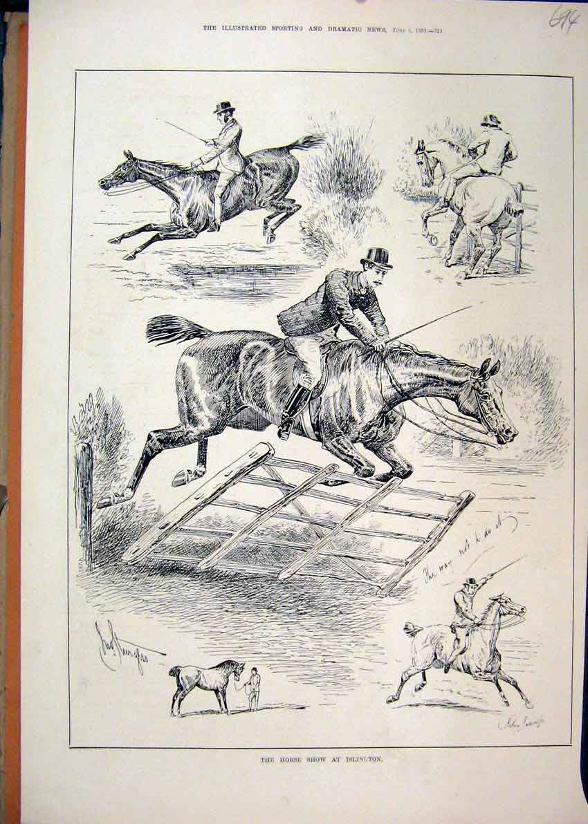 Original Old Antique Print 1883 Horse Show Islington Jumping Fence Victorian