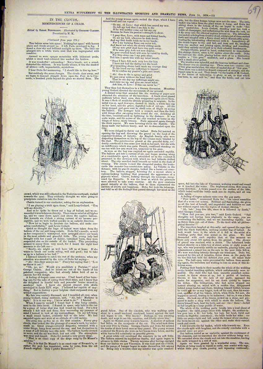 Original Old Antique Print 1879 Hot Air Balloon Chair Men Story 19th