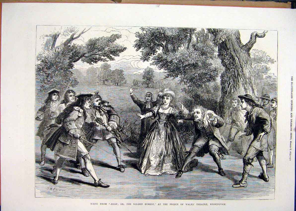 Original Old Antique Print 1879 Scene Aesop Gen Bubble Theatre Birmingham Wales