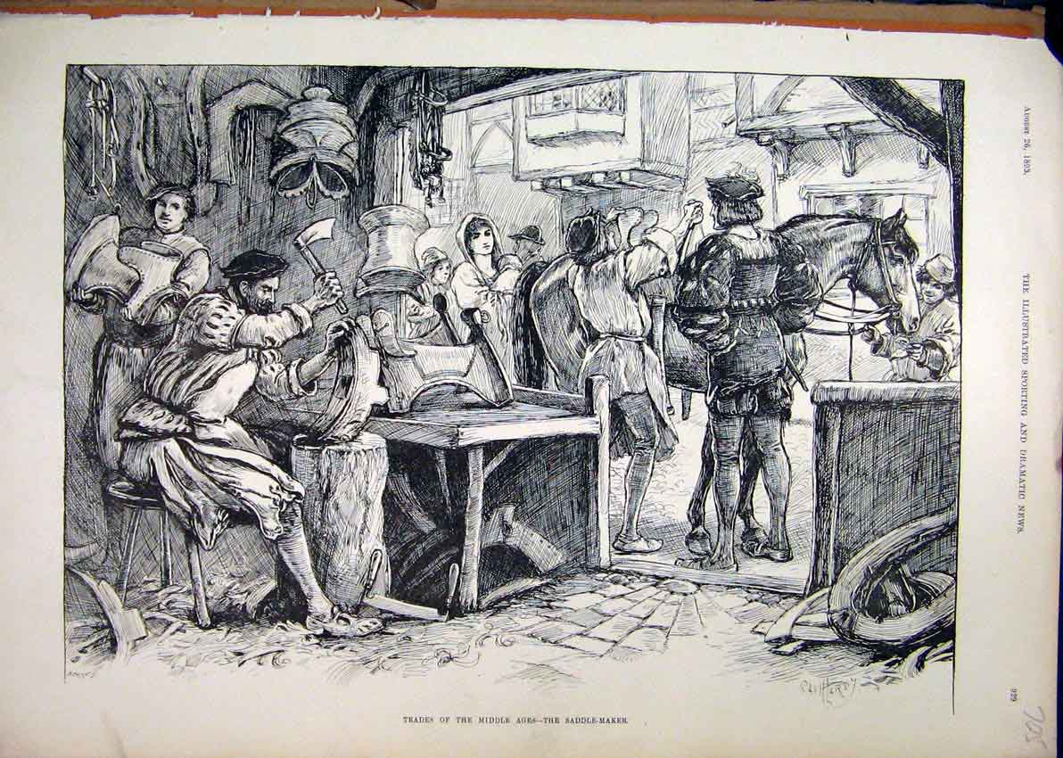 Original Old Antique Print 1893 Saddle Maker Trade Horse Man Working Victorian