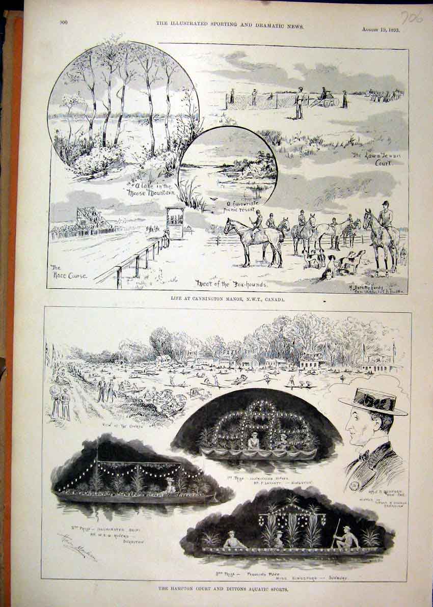 Original Old Antique Print 1893 Hampton Court Dittons Aquatic Sports Cannington