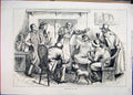 Original Old Antique Print Men Sitting Fire Smoking Drink Dog 1879 Sketch 19th