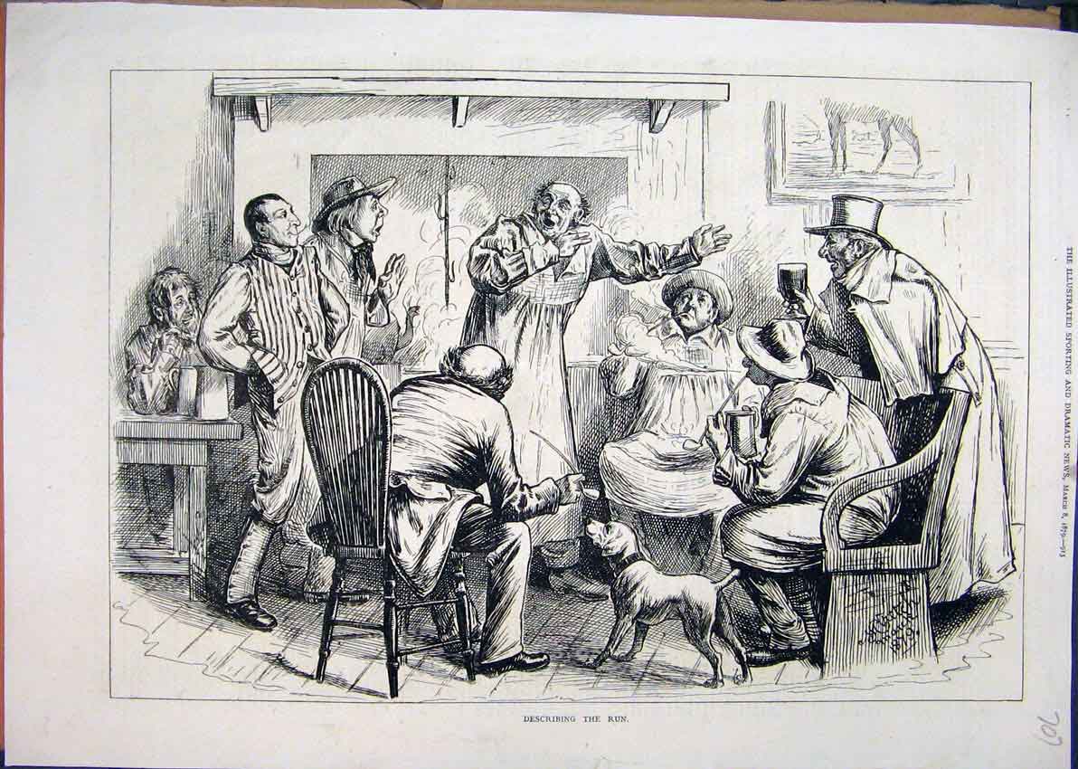 Original Old Antique Print Men Sitting Fire Smoking Drink Dog 1879 Sketch 19th