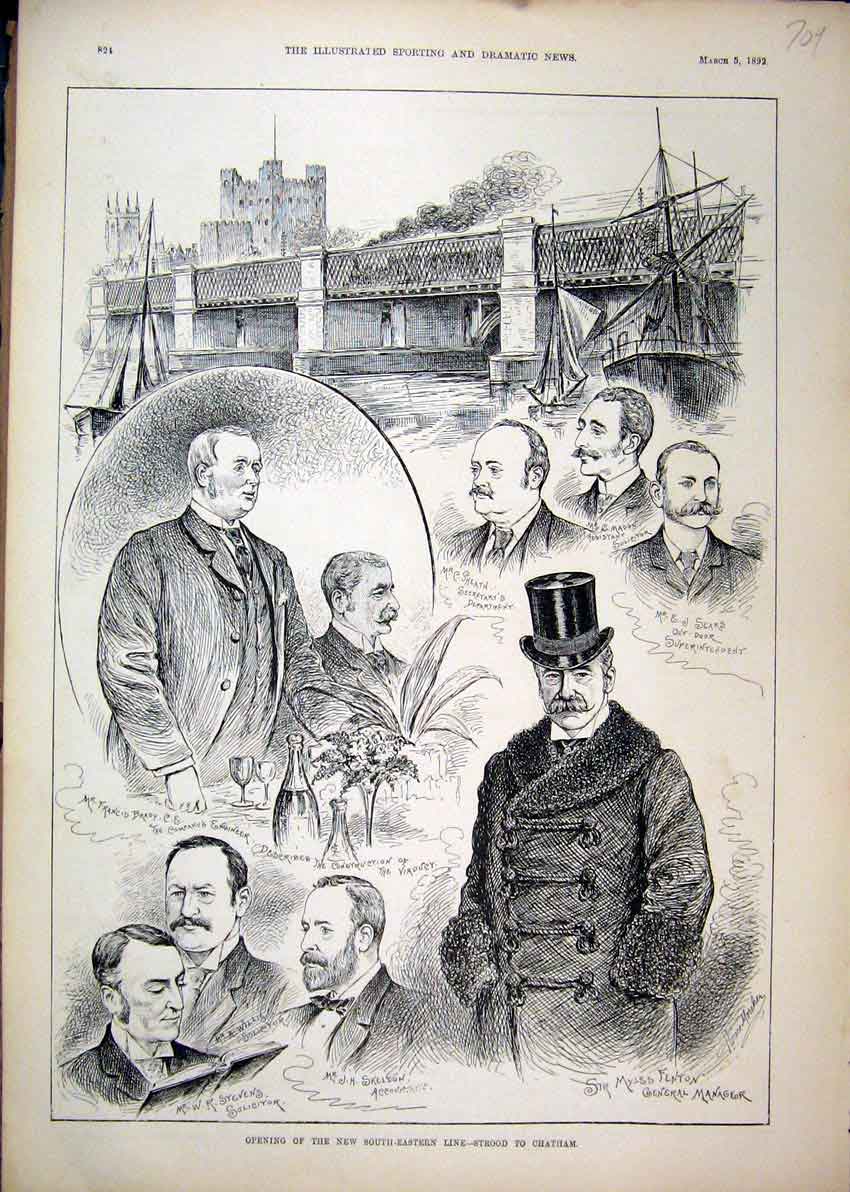 Original Old Antique Print 1892 South-Eastern Railway Chatham Bridge Ship Fenton