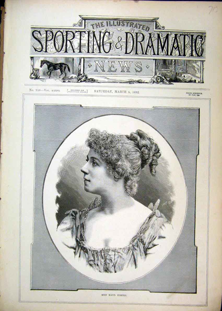 Original Old Antique Print 1892 Portrait Maud Elmore Beautiful Woman Victorian