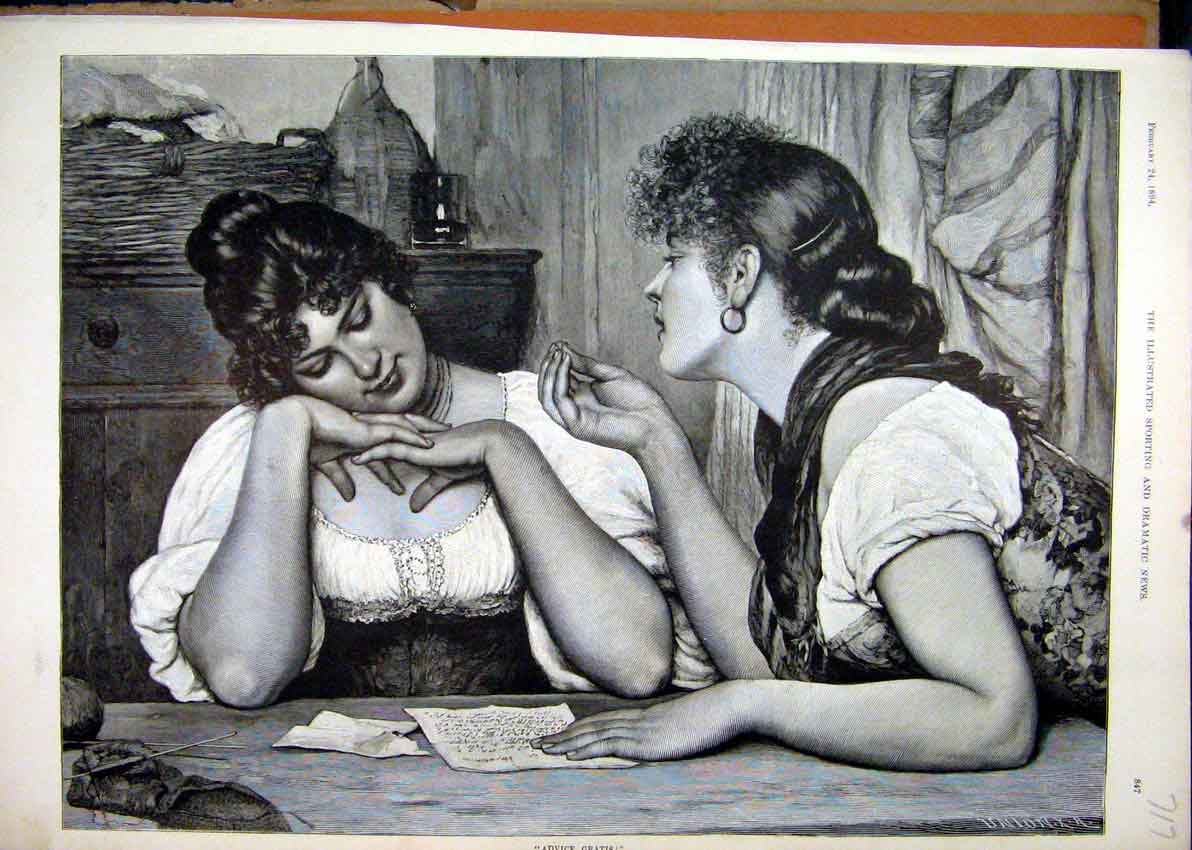 Original Old Antique Print 1894 Women Sitting Table Advice Letter Fine Art 19th