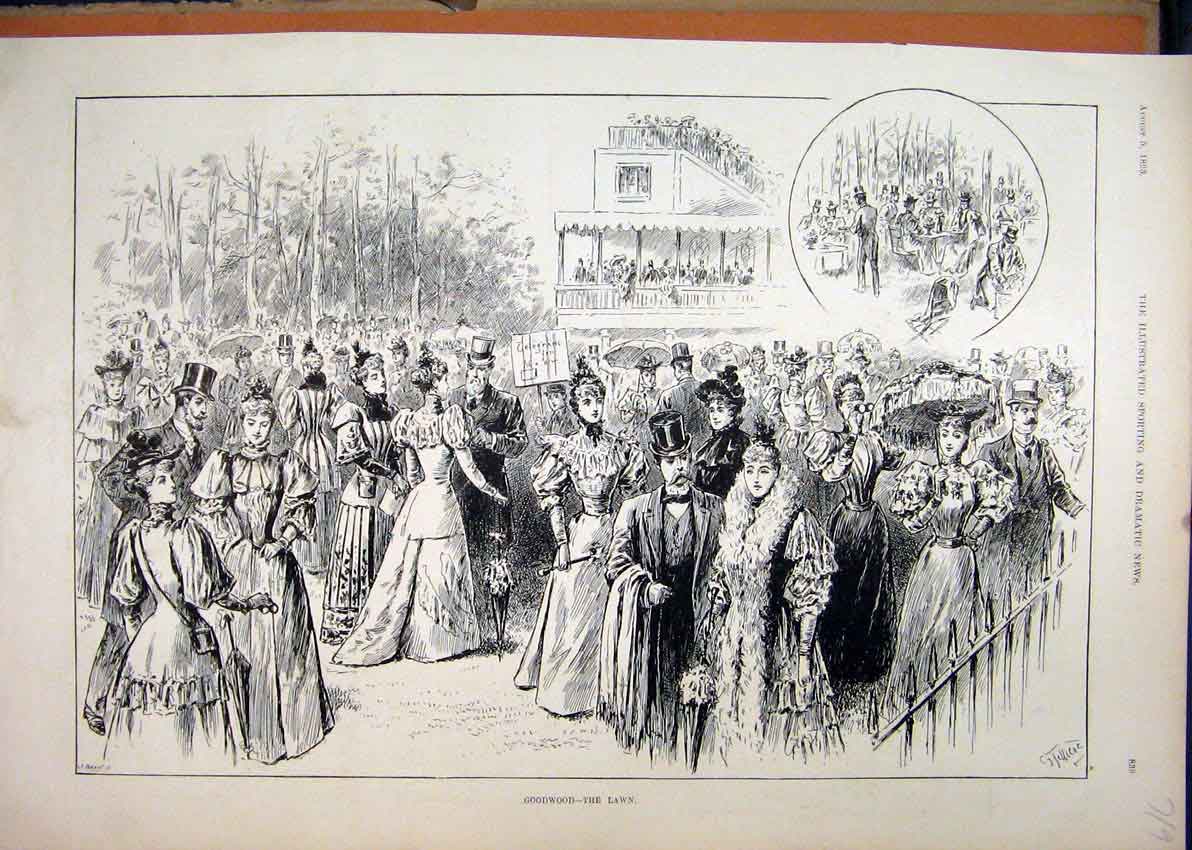 Original Old Antique Print 1893 Horse Racing Goodwood Lawn People Grand Stand