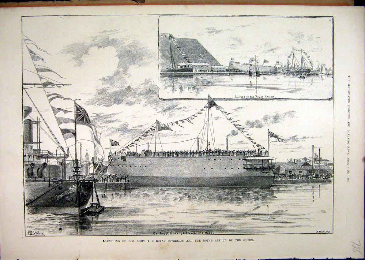 Old Antique Print 1891 Launching Ships Royal Sovereign Arthur Queen Dock 19th