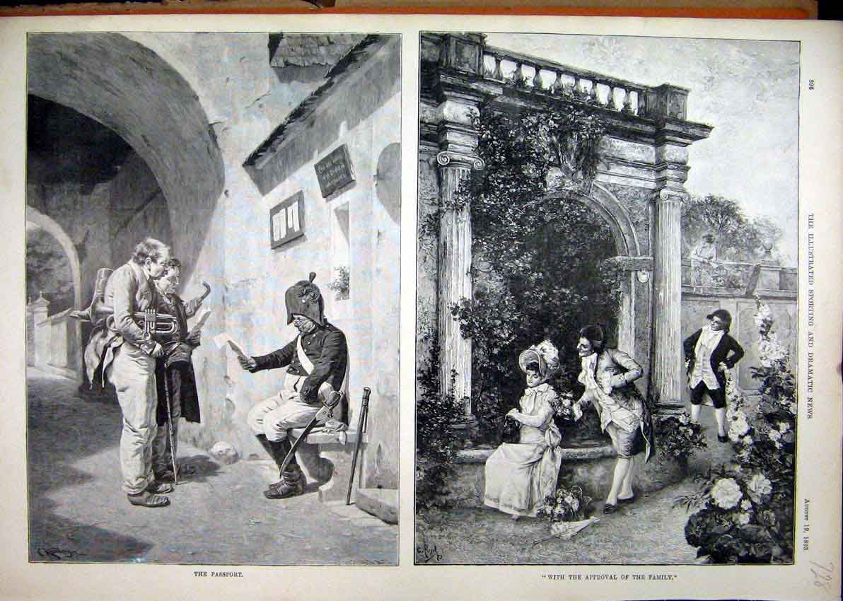 Original Old Antique Print 1893 Men Music Letter Guard Romance Garden Flowers