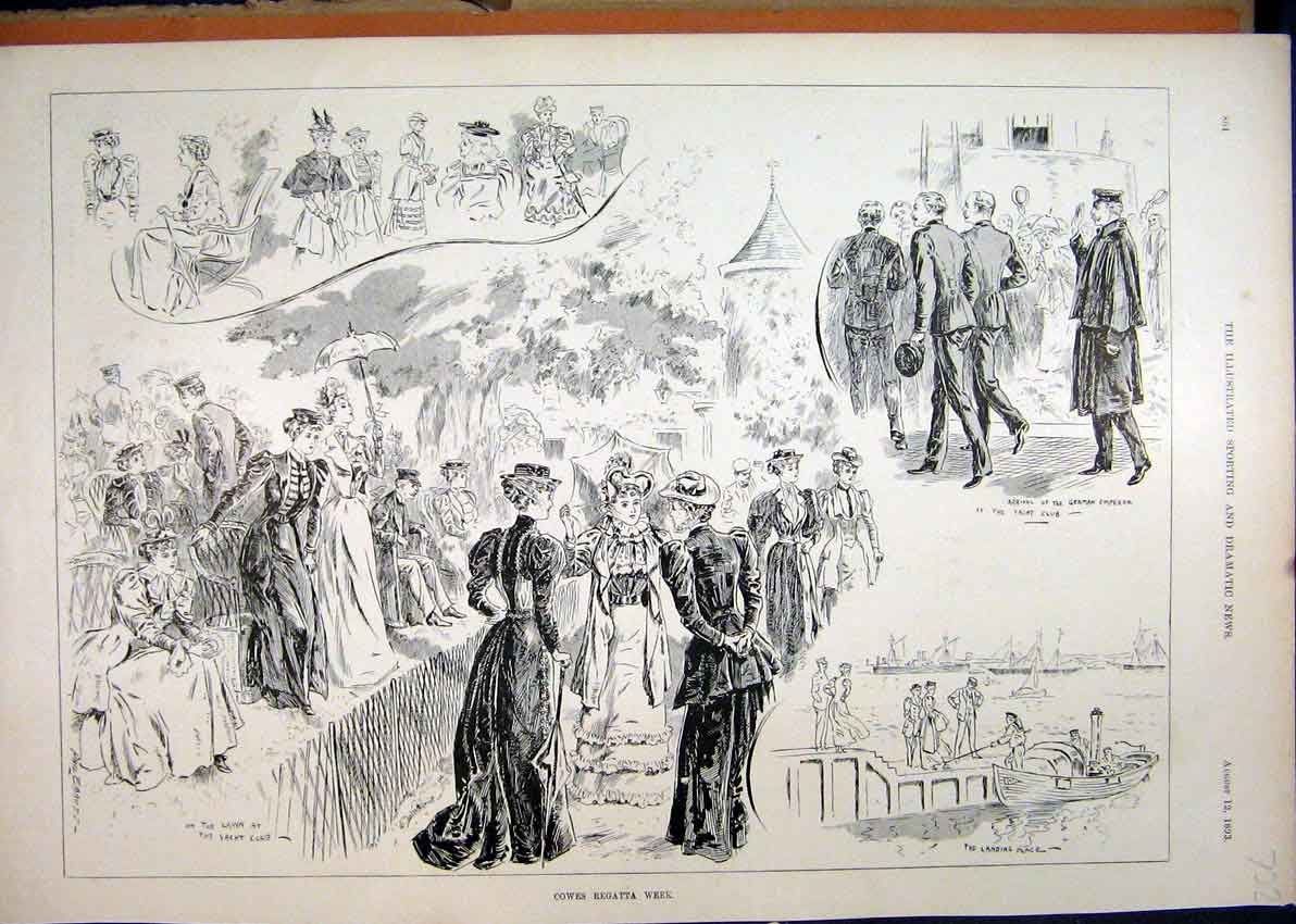 Original Old Antique Print 1893 Cowes Regatta Week Beautiful Women Lawn Boat