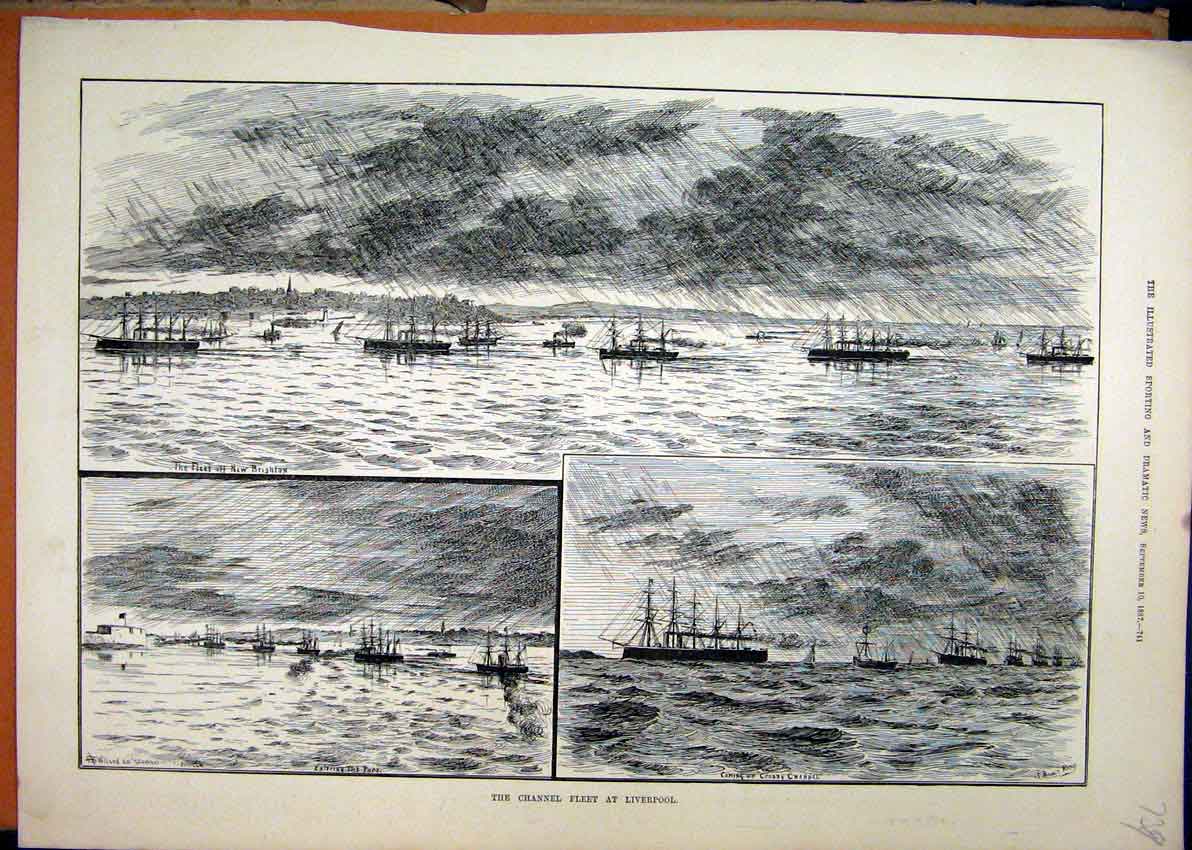 Original Old Antique Print 1887 Channel Fleet Liverpool Ships Crosby Brighton