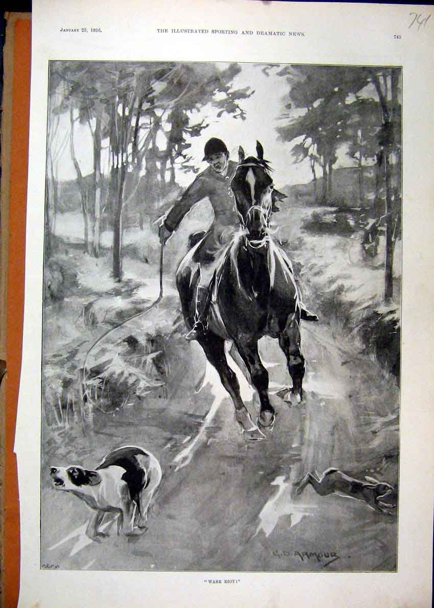 Old Antique Print 1896 Hare Coursing Man Horse Dog Country Lane Fine Art 19th