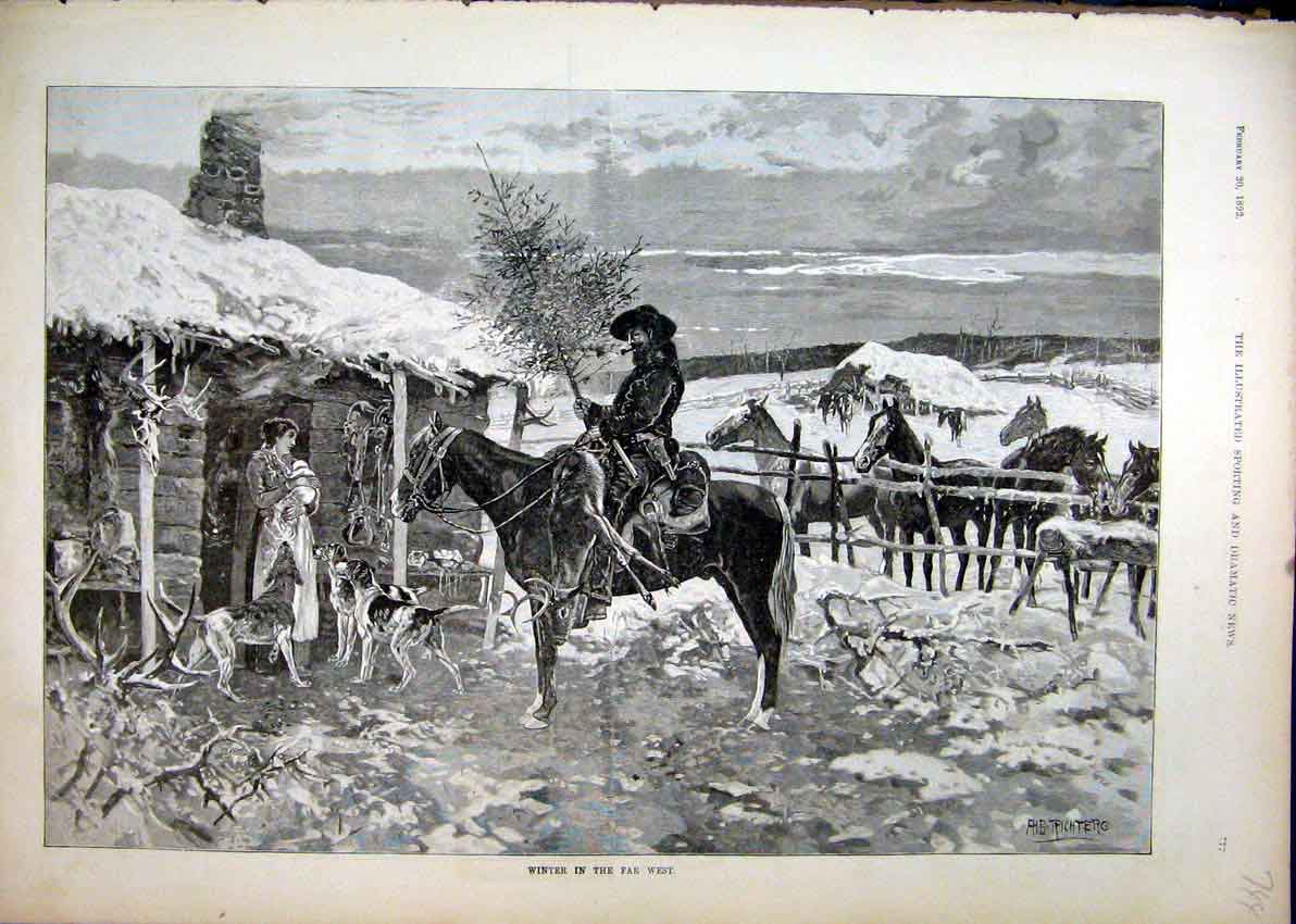 Original Old Antique Print 1892 Horses Man Woman Bay House Snow Dogs Victorian