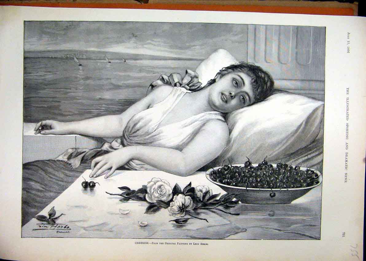 Original Old Antique Print 1896 Beautiful Woman Bowl Cherries Flowers Painting