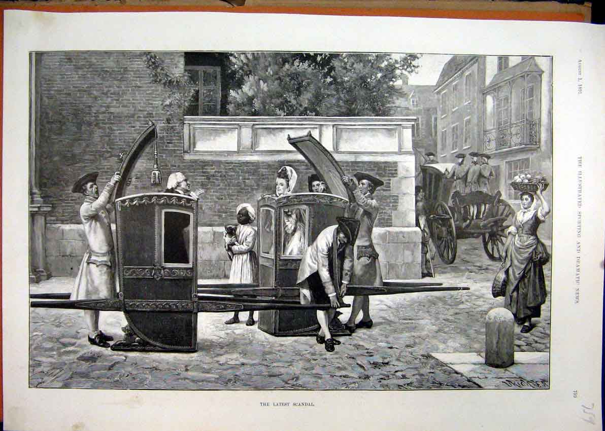 Original Old Antique Print 1891 Street Scene Footmen Carriage Women Basket Fruit