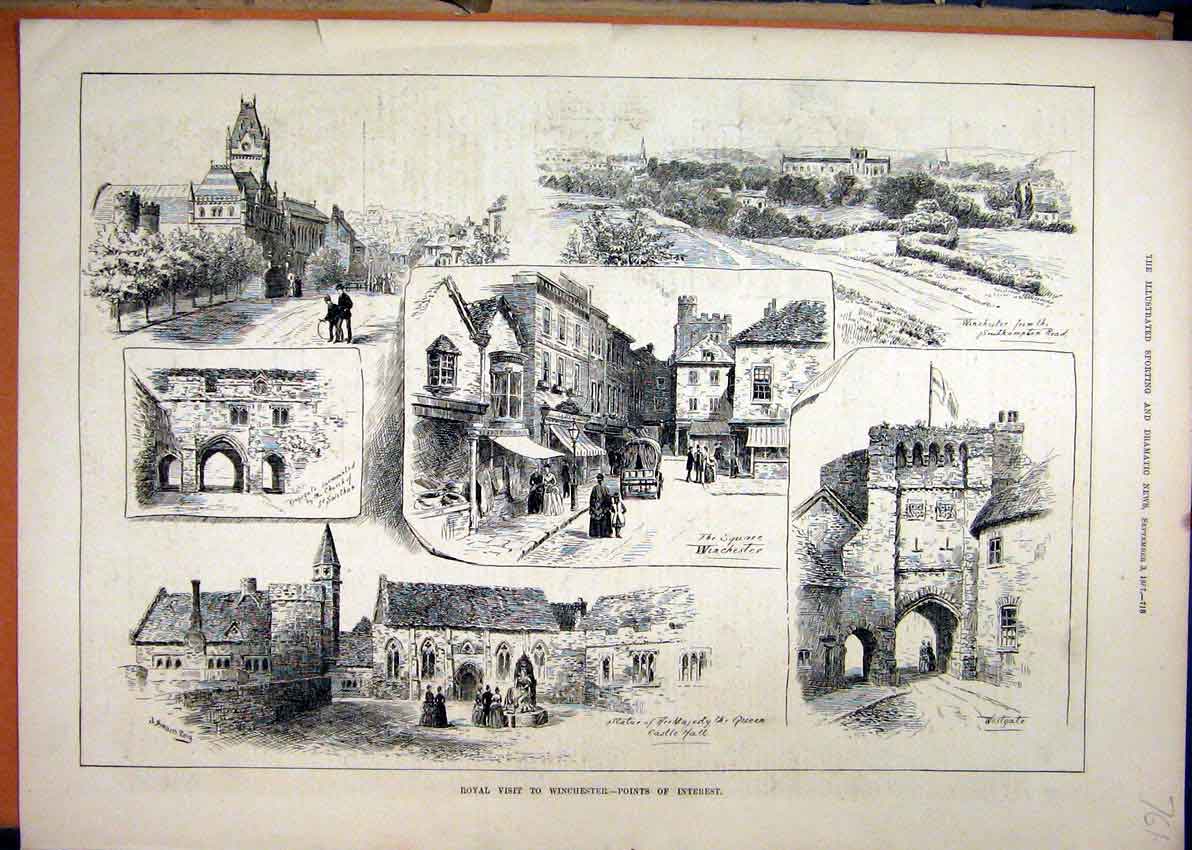 Original Old Antique Print 1887 Royal Winchester Westgate Kinsgate Church Statue