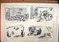 Old Antique Print 1890 Fox Hunting Dogs Stable Horse Toboggan Snow Vixen 19th