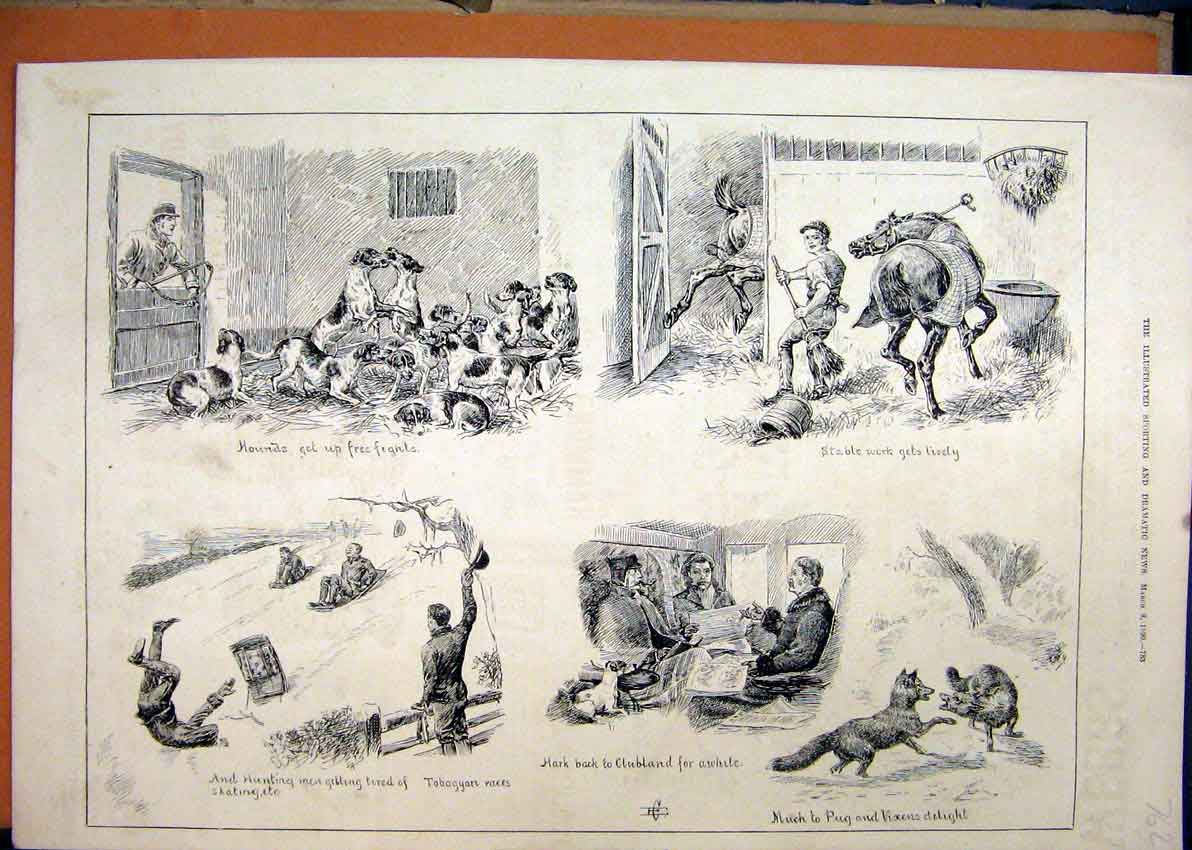 Old Antique Print 1890 Fox Hunting Dogs Stable Horse Toboggan Snow Vixen 19th