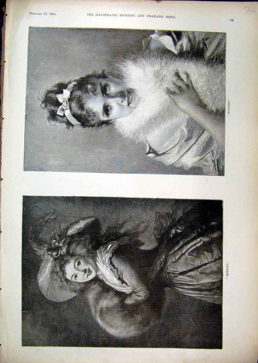 Original Old Antique Print 1892 Portrait Beautiful Women Morning Dress Evening