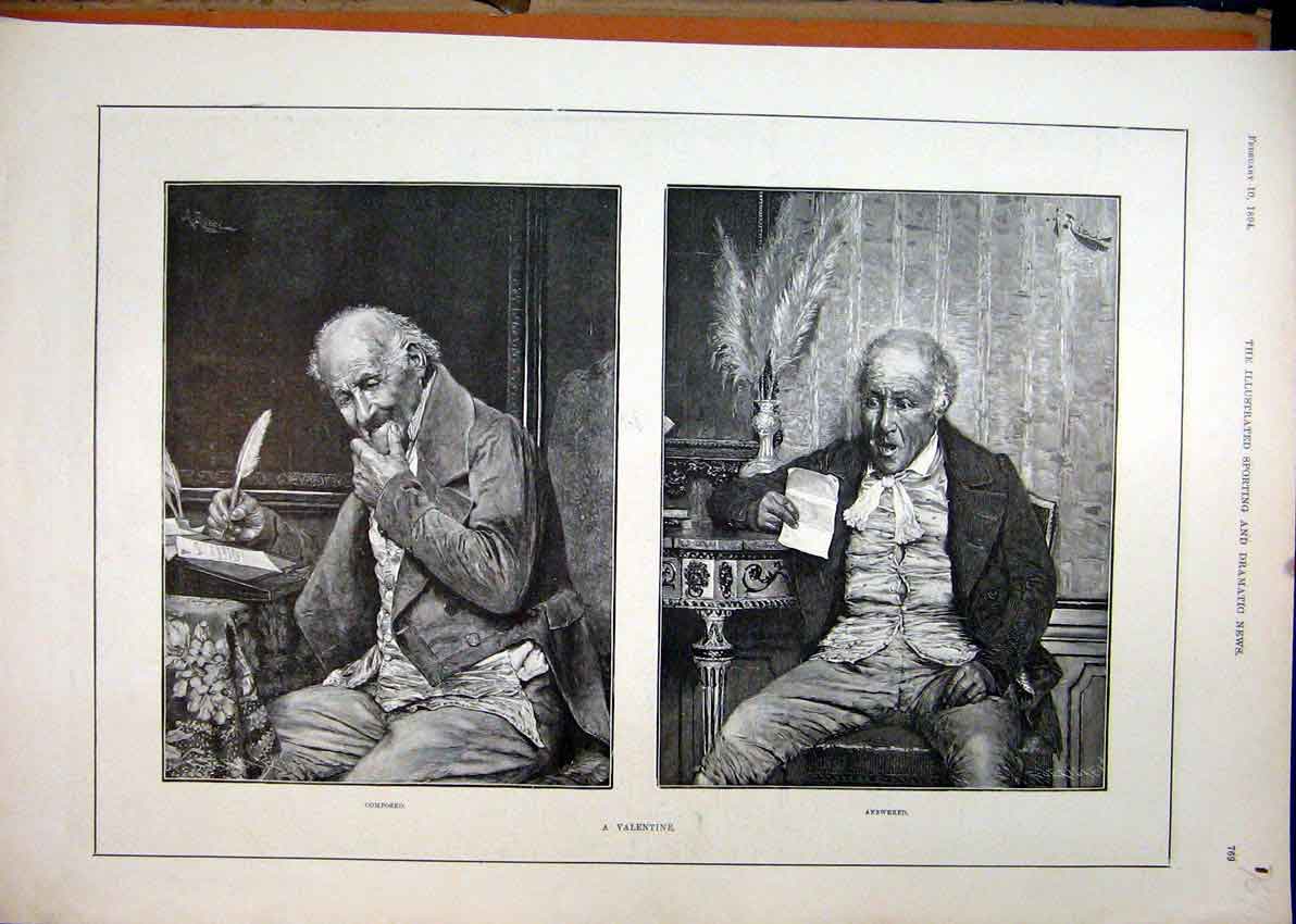 Original Old Antique Print 1894 Man Valentine Writing Feather Table Romance 19th