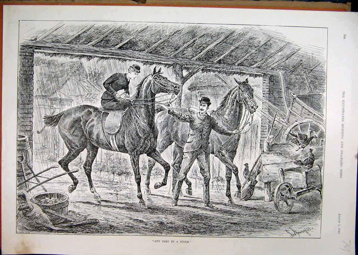 Original Old Antique Print 1891 Man Leading Horses Stable Chicken Cart Victorian
