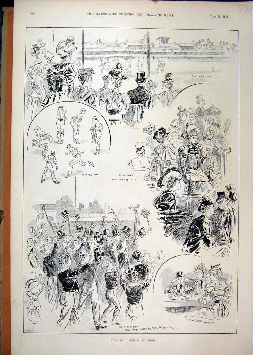 Original Old Antique Print 1893 Eton Harrow Lords Cricket Cheering Sport 19th