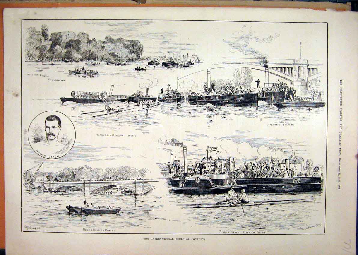 Original Old Antique Print International Sculling 1886 William Beach Teemer Boat