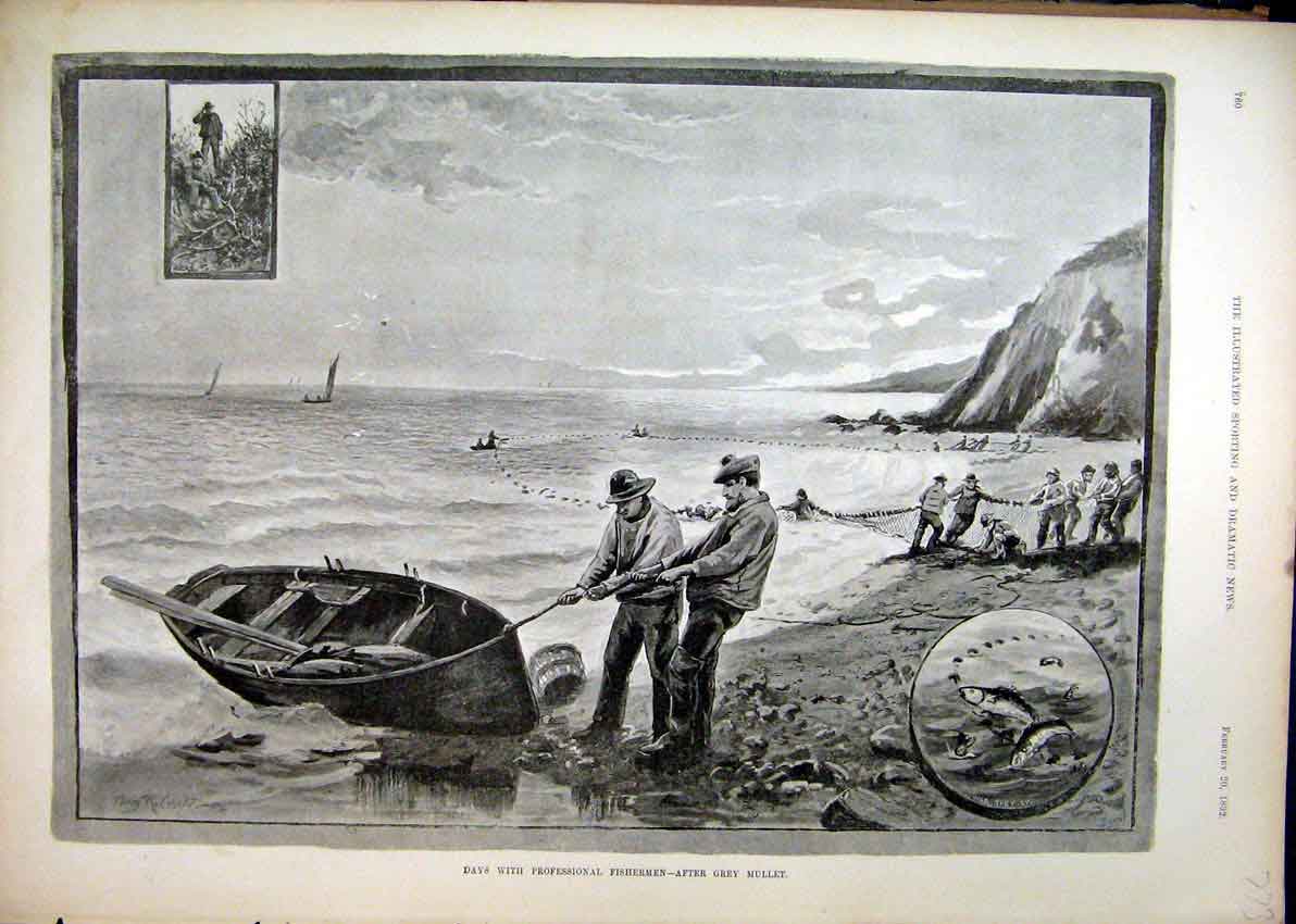 Original Old Antique Print 1892 Fisherman Boat Sea Hauling Nets Cliff Victorian