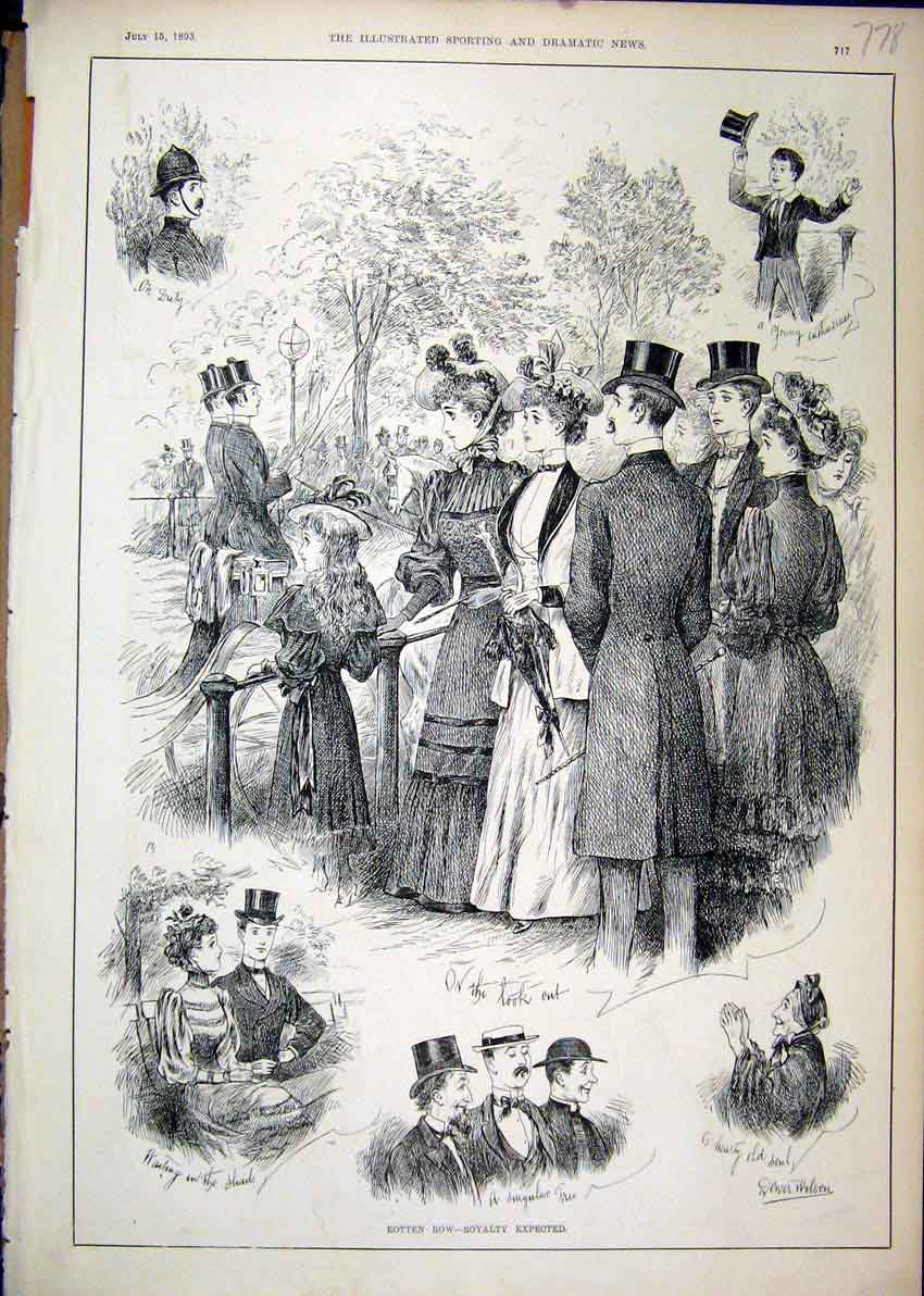 Original Old Antique Print Rotten Row Waiting Queen 1893 Policeman Family 19th