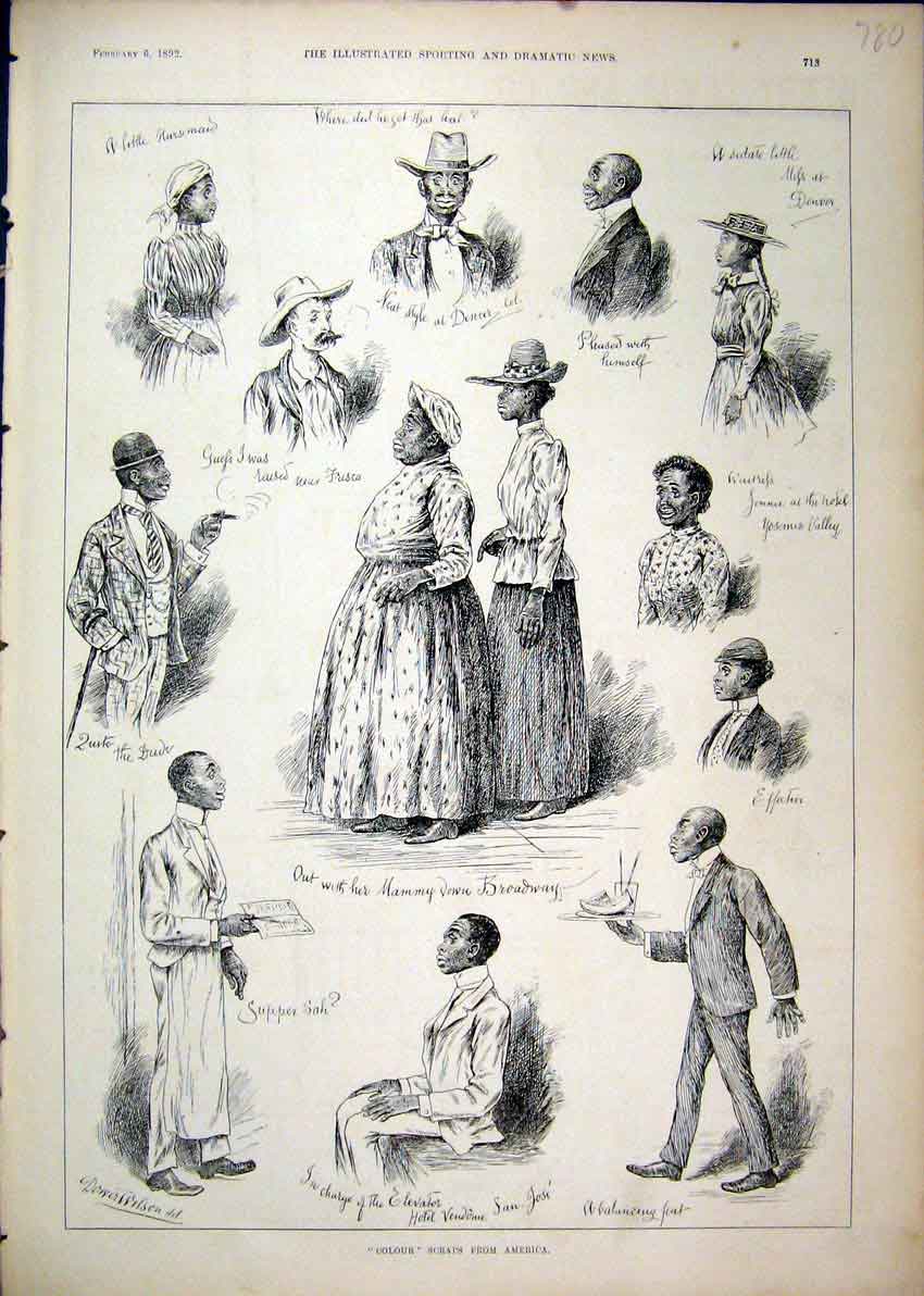 Original Old Antique Print 1892 Sketches Colour America Man Smoking Waiter 19th