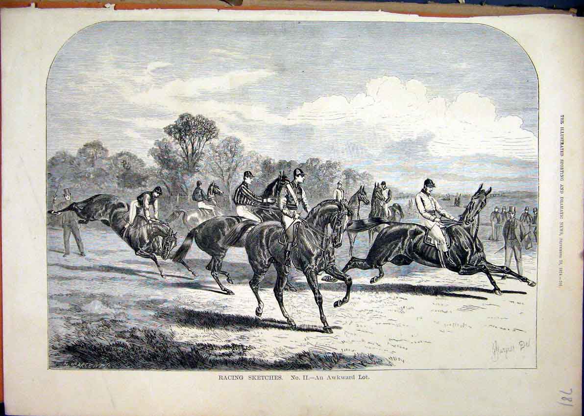 Original Old Antique Print 1874 Racing Sketches Horses Jockey Jumping Victorian