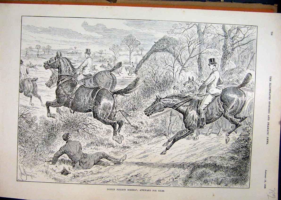 Original Old Antique Print 1896 Men Horse Jumping Trees Falling Country Scene
