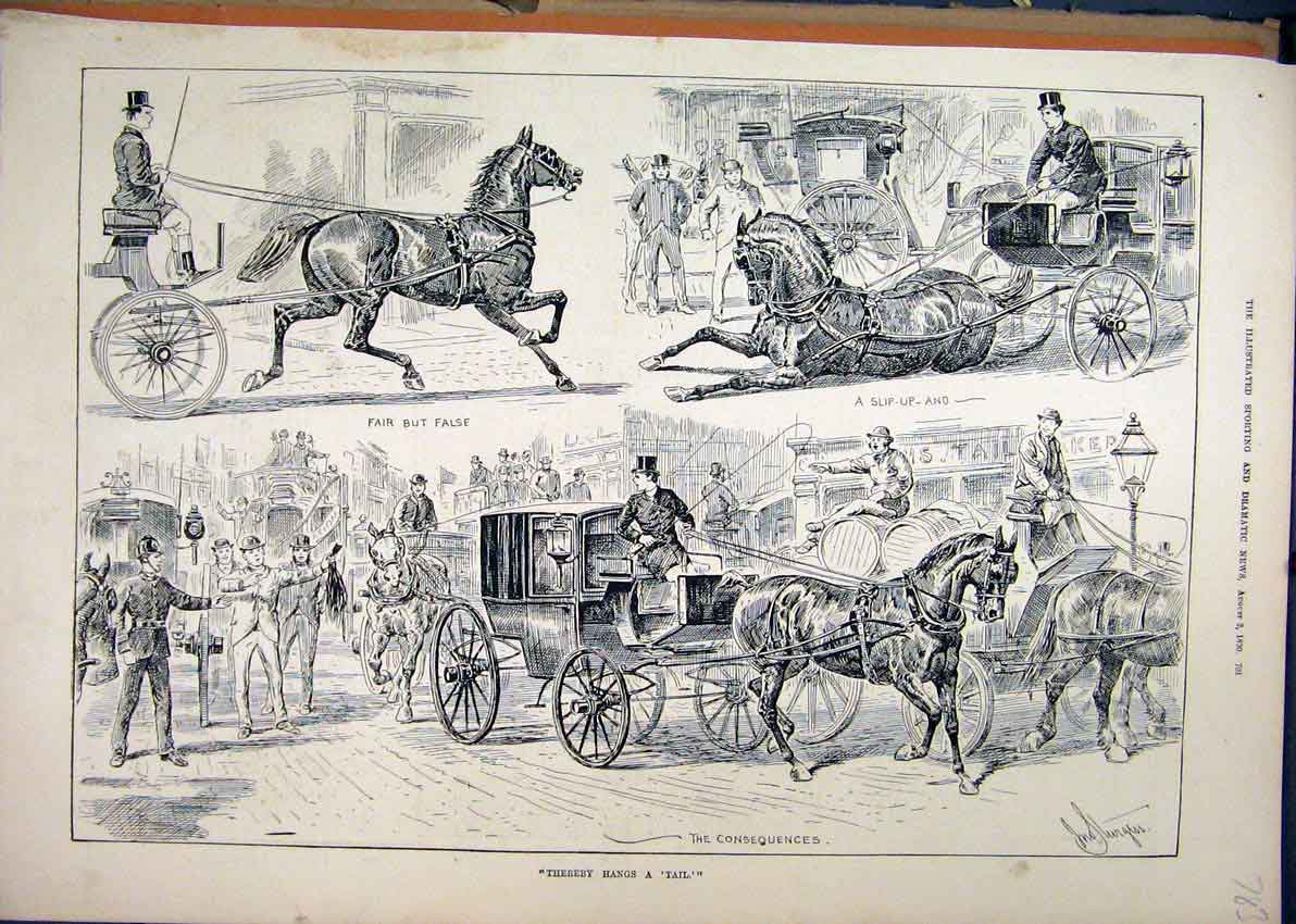 Original Old Antique Print Horses Coach Falling 1890 Policman Street Victorian