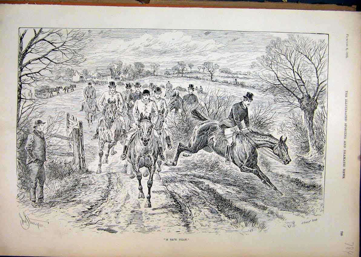 Original Old Antique Print Men Horses Jumping Gate Field 1892 Fox Hunting 19th