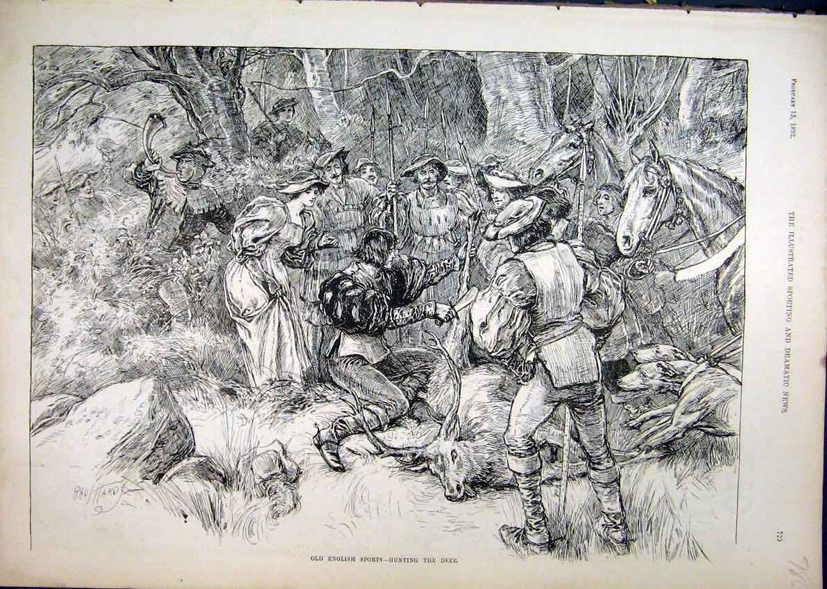 Old Antique Print 1892 English Sport Deer Hunting Horse Dog Country Scene 19th