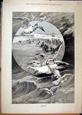 Original Old Antique Print September Beach Scene 1886 Birds Cliffs Stormy Sea