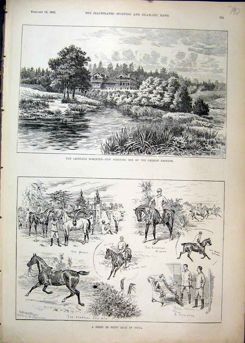 Original Old Antique Print 1892 Horse Point Race India Jagdhaus Rominten German