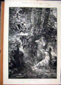 Original Old Antique Print Legend Rhine 1888 Fantasy Scene River Trees Angels