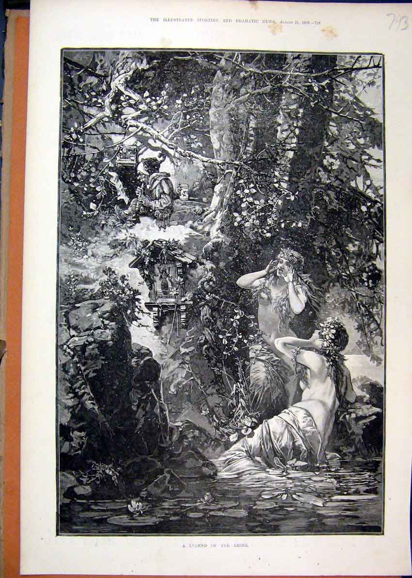 Original Old Antique Print Legend Rhine 1888 Fantasy Scene River Trees Angels