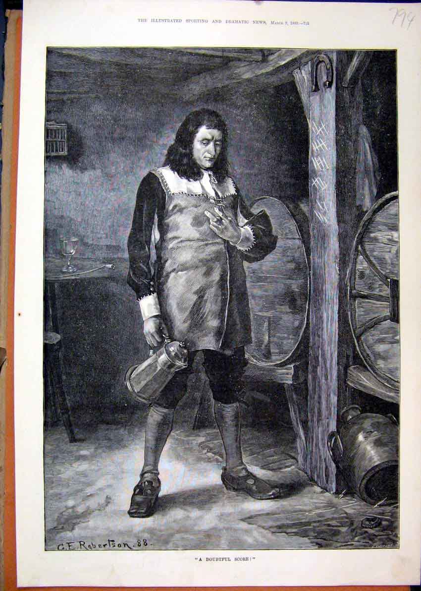 Original Old Antique Print Man Carrying Jug Barrels 1880 Cellar Fine Art 19th