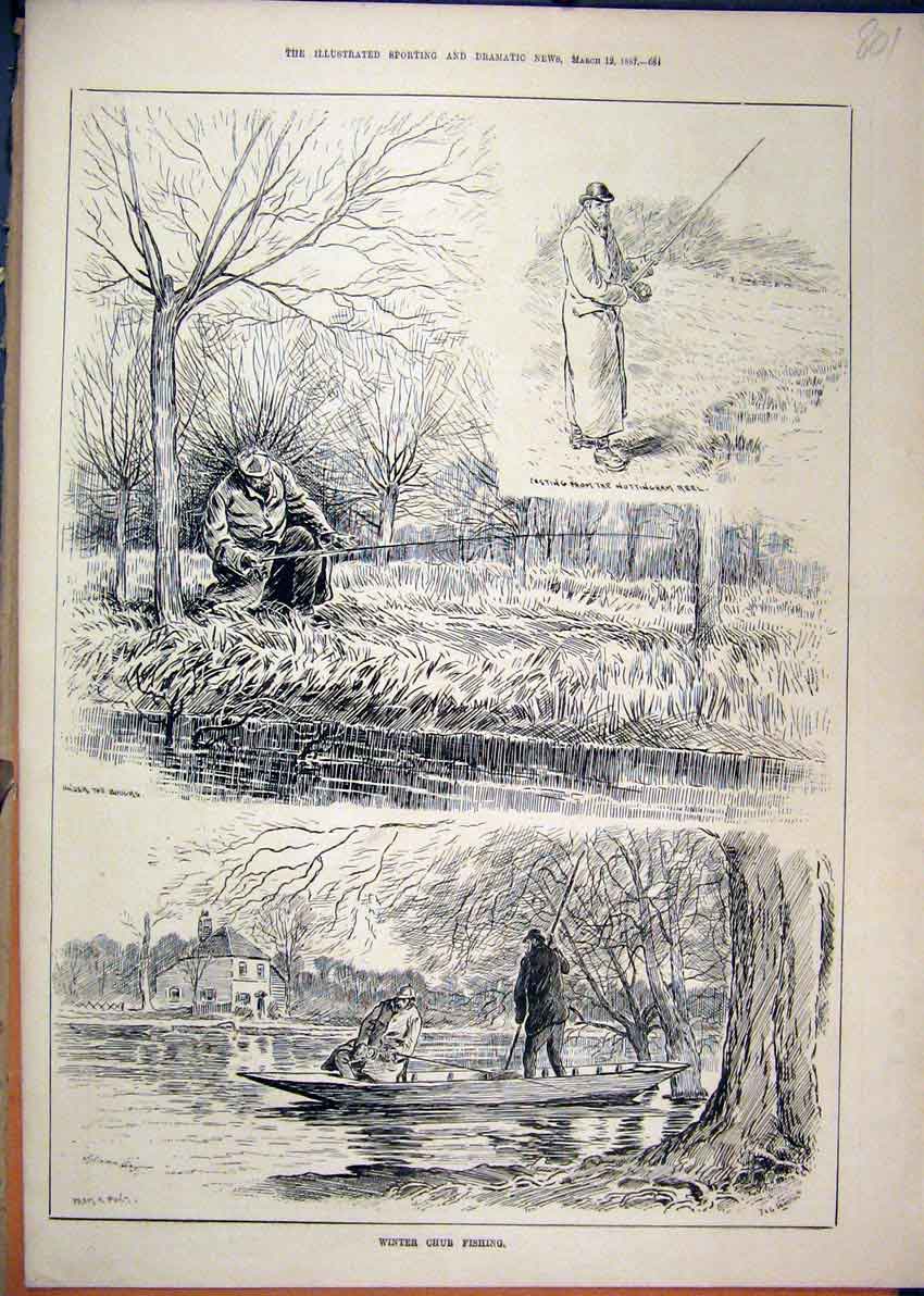 Original Old Antique Print 1887 Winter Chub Fishing River Boat Rod Casting 19th