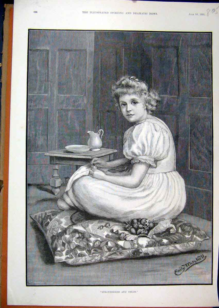 Old Antique Print 1891 Portrait Beautiful Girl Strawberries Cream Cushion 19th