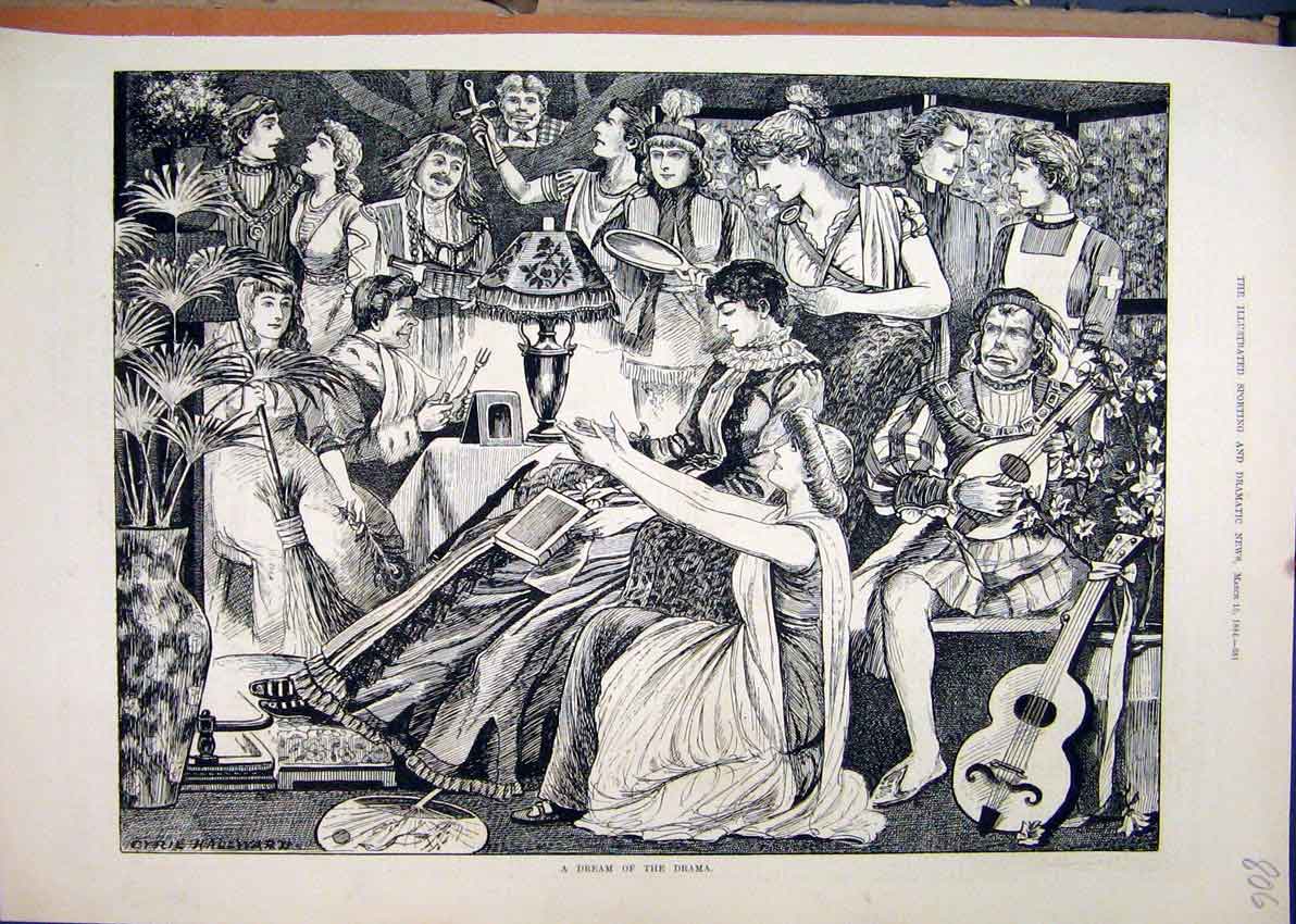 Original Old Antique Print Drama Scene 1884 Music Actors Romance Servant Sketch