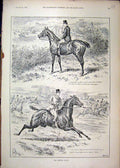 Original Old Antique Print 1895 Hunting Man Horses Gallop Hedge Country Scene