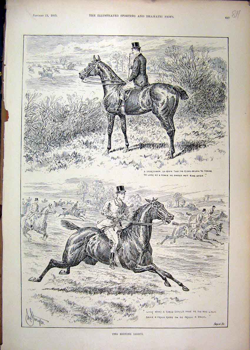 Original Old Antique Print 1895 Hunting Man Horses Gallop Hedge Country Scene