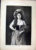 Original Old Antique Print 1892 Portrait Woman Bunch Flowers Fancy Dress 19th
