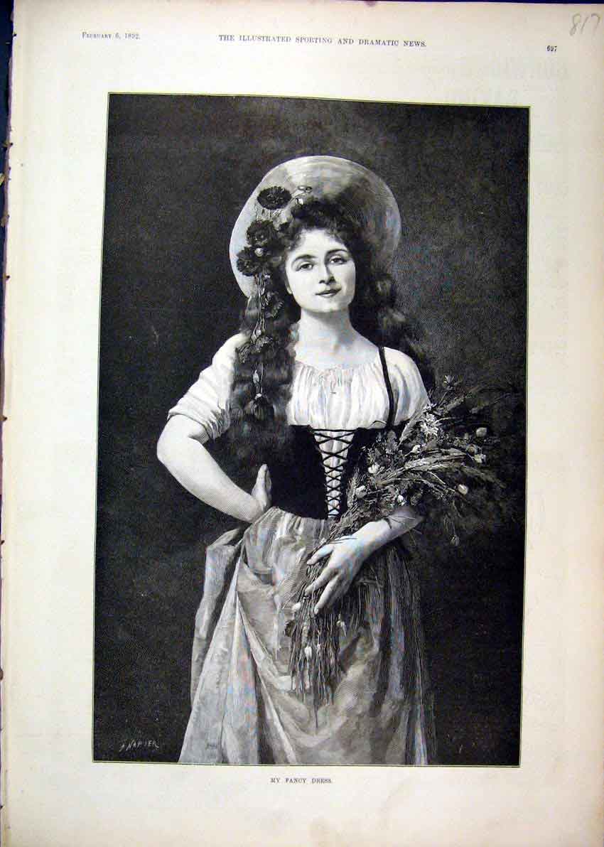 Original Old Antique Print 1892 Portrait Woman Bunch Flowers Fancy Dress 19th